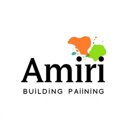 A minimalist logo design for a building painting service, featuring the name 'Amiri' in bold black font on a pristine white background