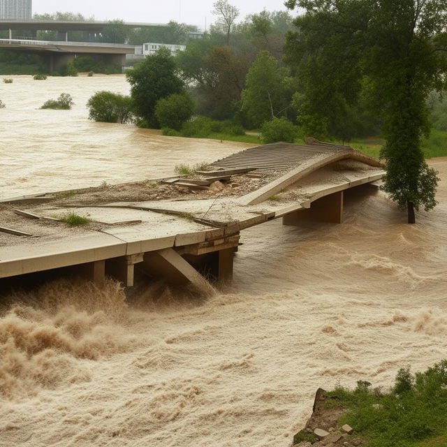 A two-lane bridge over a river, broken and partially washed away by a powerful flood; the design elements hailing from the contextual setting shown in the given link.