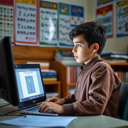 A young Afghan boy sitting at a desk working intently on a computer, wearing traditional Afghan clothing