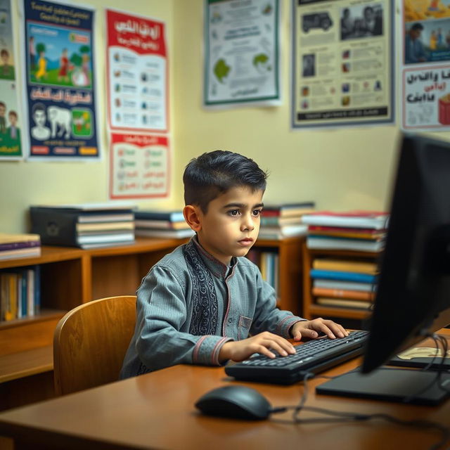 A young Afghan boy sitting at a desk working intently on a computer, wearing traditional Afghan clothing