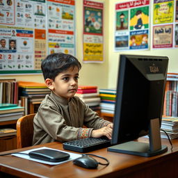 A young Afghan boy sitting at a desk working intently on a computer, wearing traditional Afghan clothing