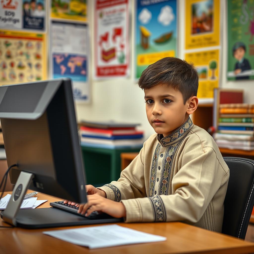 A young Afghan boy sitting at a desk working intently on a computer, wearing traditional Afghan clothing