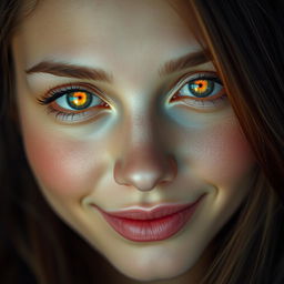 A beautiful woman with warm, fuzzy eyes that sparkle like the first light of dawn