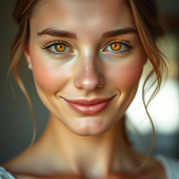 A beautiful woman with warm, fuzzy eyes that sparkle like the first light of dawn