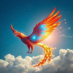 A stunning phoenix soaring through the sky, adorned with metallic red-gold feathers that shimmer brilliantly in the sunlight