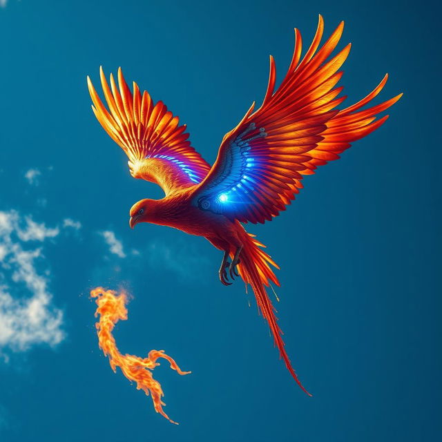 A stunning phoenix soaring through the sky, adorned with metallic red-gold feathers that shimmer brilliantly in the sunlight