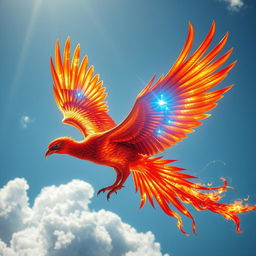 A stunning phoenix soaring through the sky, adorned with metallic red-gold feathers that shimmer brilliantly in the sunlight