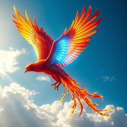 A stunning phoenix soaring through the sky, adorned with metallic red-gold feathers that shimmer brilliantly in the sunlight