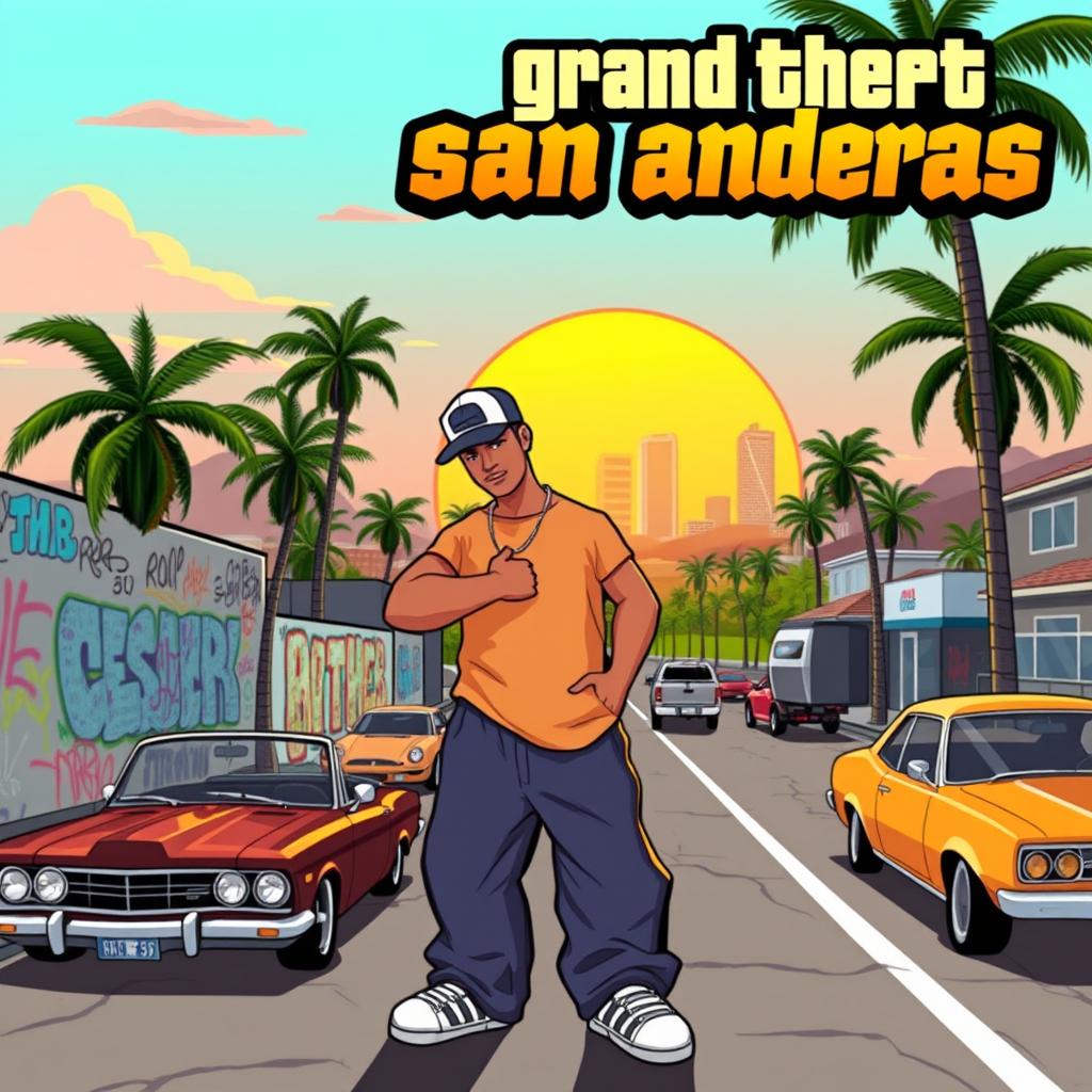 A vibrant and dynamic thumbnail graphic inspired by the style of Grand Theft Auto: San Andreas, featuring a retro urban landscape with palm trees, graffiti-covered walls, and classic cars