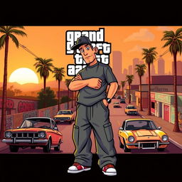 A vibrant and dynamic thumbnail graphic inspired by the style of Grand Theft Auto: San Andreas, featuring a retro urban landscape with palm trees, graffiti-covered walls, and classic cars