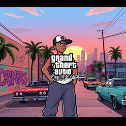 A vibrant and dynamic thumbnail graphic inspired by the style of Grand Theft Auto: San Andreas, featuring a retro urban landscape with palm trees, graffiti-covered walls, and classic cars