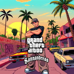 A vibrant and dynamic thumbnail graphic inspired by the style of Grand Theft Auto: San Andreas, featuring a retro urban landscape with palm trees, graffiti-covered walls, and classic cars