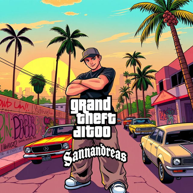 A vibrant and dynamic thumbnail graphic inspired by the style of Grand Theft Auto: San Andreas, featuring a retro urban landscape with palm trees, graffiti-covered walls, and classic cars