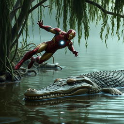 Iron Man landing deftly on a swampy riverbank, striking a heroic stance as he confronts a massive crocodile laying just ahead