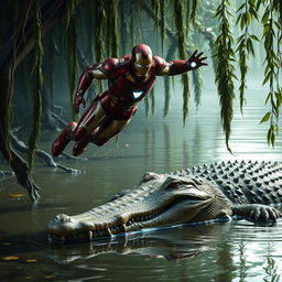 Iron Man landing deftly on a swampy riverbank, striking a heroic stance as he confronts a massive crocodile laying just ahead