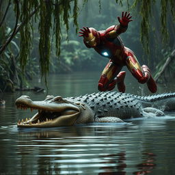 Iron Man landing deftly on a swampy riverbank, striking a heroic stance as he confronts a massive crocodile laying just ahead