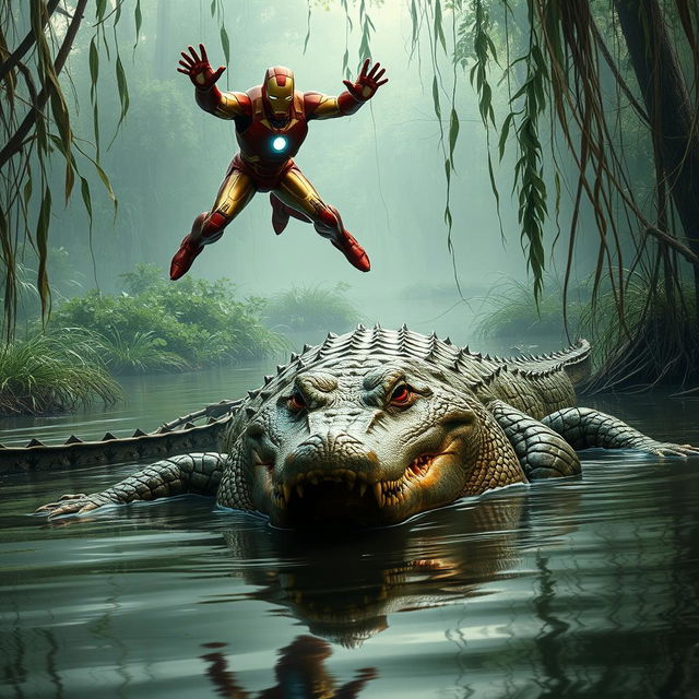 Iron Man landing deftly on a swampy riverbank, striking a heroic stance as he confronts a massive crocodile laying just ahead