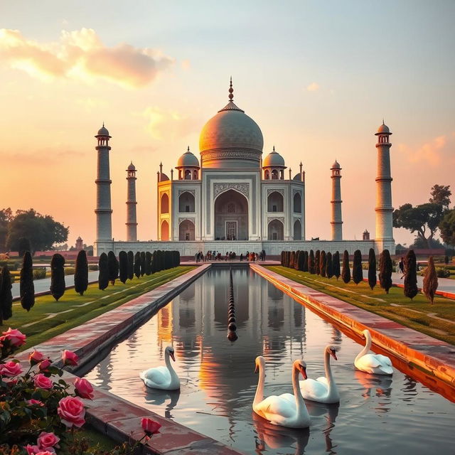 The Taj Mahal, a stunning mausoleum located in Agra, India, depicted in a serene sunset setting