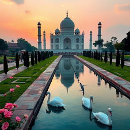 The Taj Mahal, a stunning mausoleum located in Agra, India, depicted in a serene sunset setting