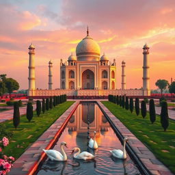 The Taj Mahal, a stunning mausoleum located in Agra, India, depicted in a serene sunset setting