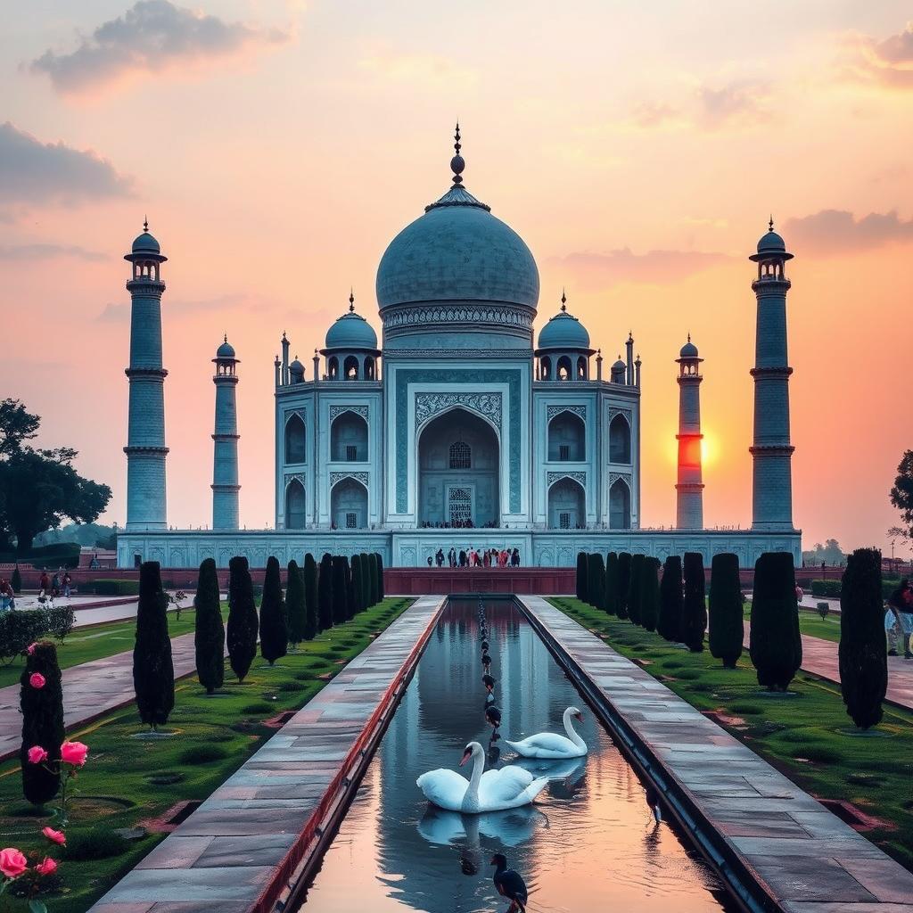 The Taj Mahal, a stunning mausoleum located in Agra, India, depicted in a serene sunset setting