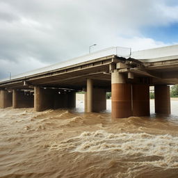 A two-lane bridge over a river, broken and partially washed away by a powerful flood; the design elements hailing from the contextual setting shown in the given link.