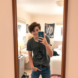 A stylish and confident 17-year-old boy taking a mirror selfie