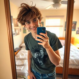 A stylish and confident 17-year-old boy taking a mirror selfie