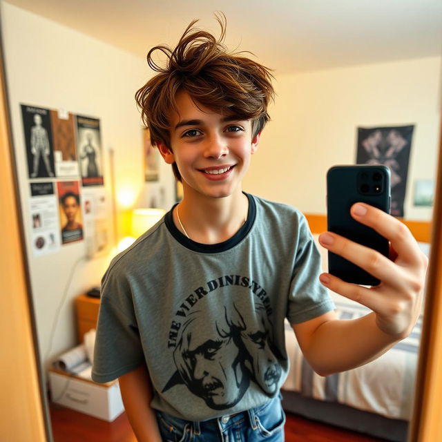 A stylish and confident 17-year-old boy taking a mirror selfie