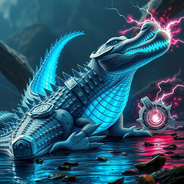 A fierce crocodile featuring heavy armored plating that covers its robust body, showcasing intricate detailing of its defenses