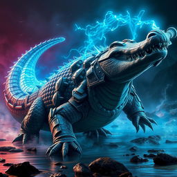 A fierce crocodile featuring heavy armored plating that covers its robust body, showcasing intricate detailing of its defenses