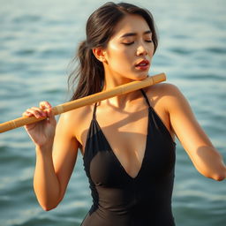 A woman wearing a sleek black swimsuit, deeply immersed in the music while playing a bamboo flute