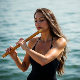 A woman wearing a sleek black swimsuit, deeply immersed in the music while playing a bamboo flute