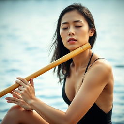 A woman wearing a sleek black swimsuit, deeply immersed in the music while playing a bamboo flute