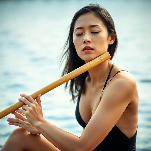 A woman wearing a sleek black swimsuit, deeply immersed in the music while playing a bamboo flute