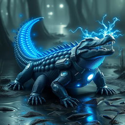 A formidable crocodile adorned with heavy armored plating, showcasing a sleek design inspired by Iron Man's color scheme