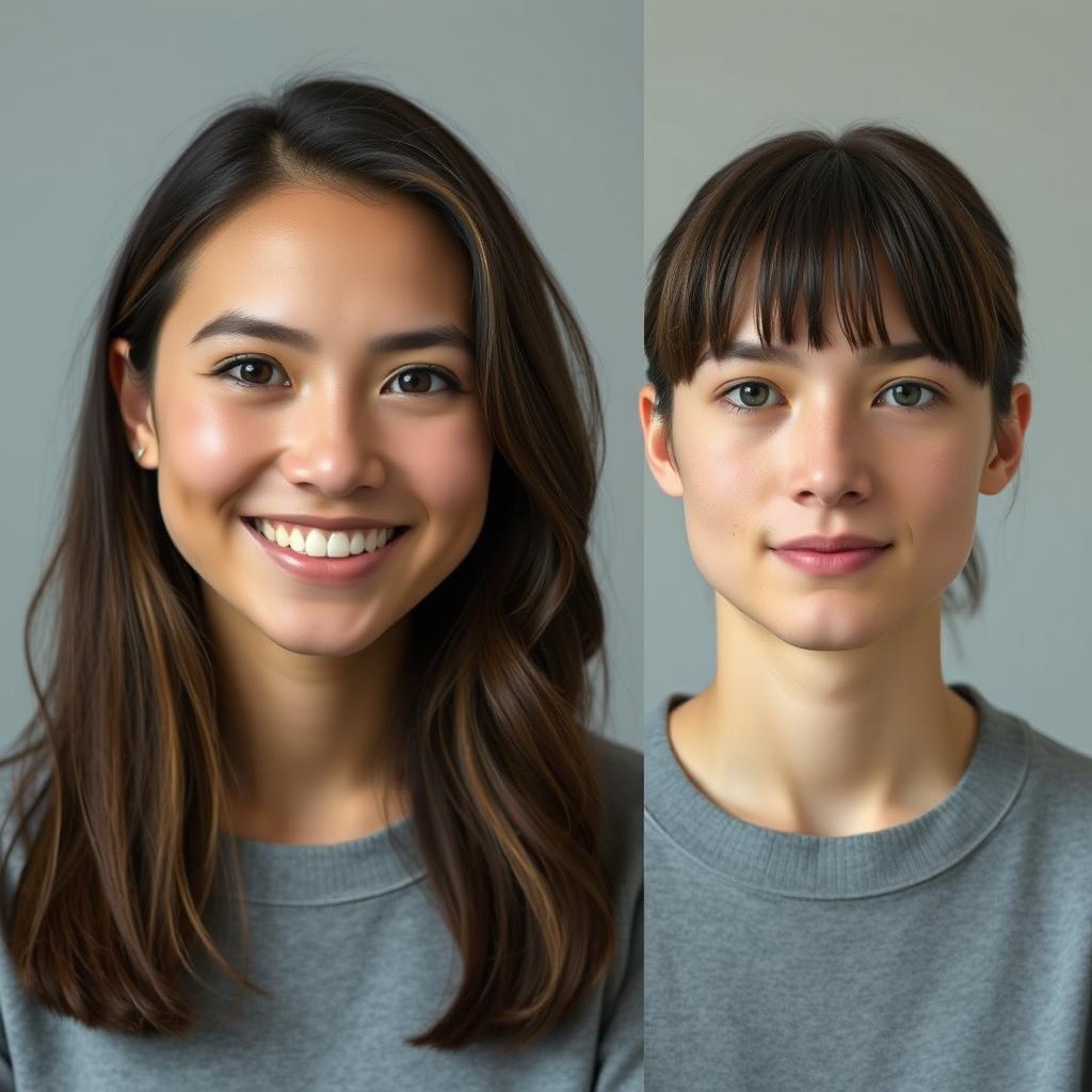 A seamless image transformation featuring two portraits: the first is a person with a smile and bright eyes, and the second is a different portrait showing the same individual with a neutral expression