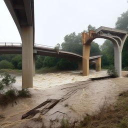 A two-lane bridge over a river, broken and partially washed away by a powerful flood; the design elements hailing from the contextual setting shown in the given link.