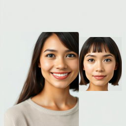 A seamless image transformation featuring two portraits: the first is a person with a smile and bright eyes, and the second is a different portrait showing the same individual with a neutral expression