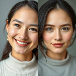 A seamless image transformation featuring two portraits: the first is a person with a smile and bright eyes, and the second is a different portrait showing the same individual with a neutral expression
