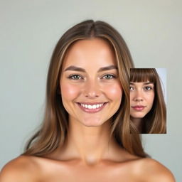 A seamless image transformation featuring two portraits: the first is a person with a smile and bright eyes, and the second is a different portrait showing the same individual with a neutral expression