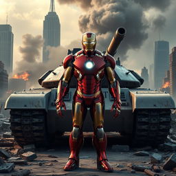 Iron Man standing confidently before a hulking military tank in a dramatic war-torn cityscape