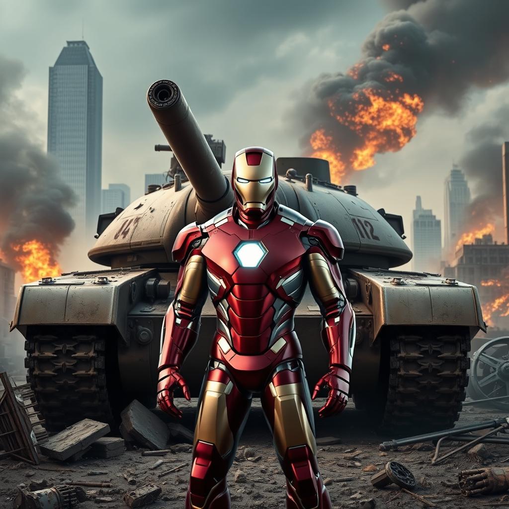 Iron Man standing confidently before a hulking military tank in a dramatic war-torn cityscape