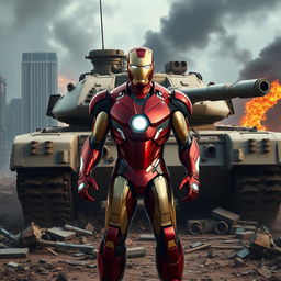 Iron Man standing confidently before a hulking military tank in a dramatic war-torn cityscape