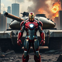 Iron Man standing confidently before a hulking military tank in a dramatic war-torn cityscape