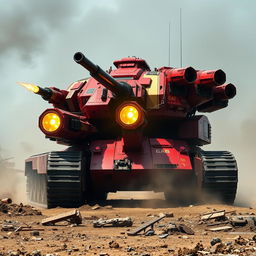 A massive military tank designed with Iron Man's iconic color scheme—vibrant red and gold accents gleaming under the sunlight
