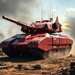 A massive military tank designed with Iron Man's iconic color scheme—vibrant red and gold accents gleaming under the sunlight