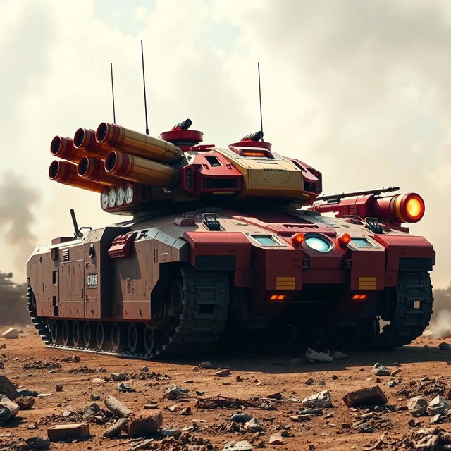 A massive military tank designed with Iron Man's iconic color scheme—vibrant red and gold accents gleaming under the sunlight