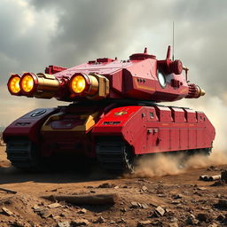 A massive military tank designed with Iron Man's iconic color scheme—vibrant red and gold accents gleaming under the sunlight