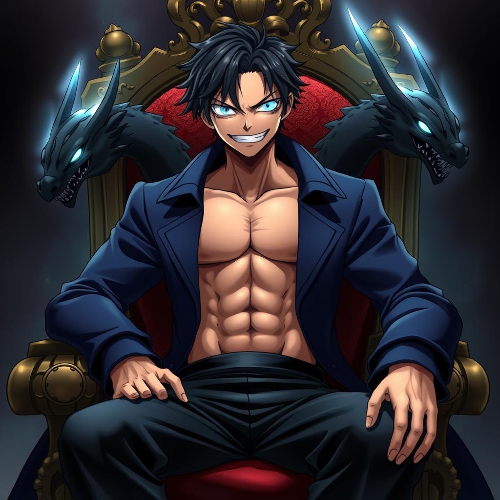 An anime character inspired by the One Piece art style, sitting on a king's throne